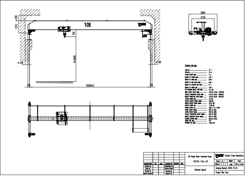 Plano de puente grúa tipo europeo de 10 toneladas