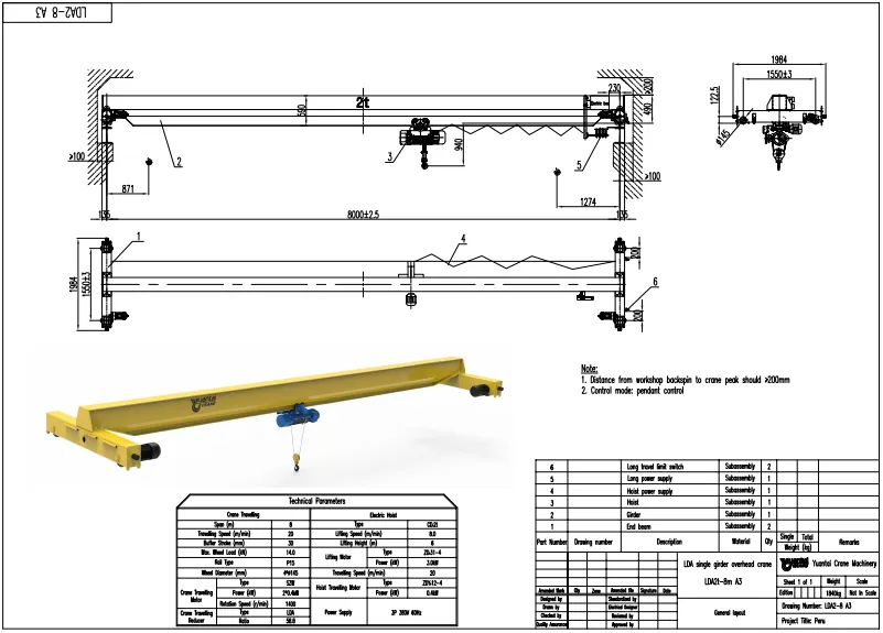 Dibujo de diseño de grúa puente monoviga de 2 toneladas