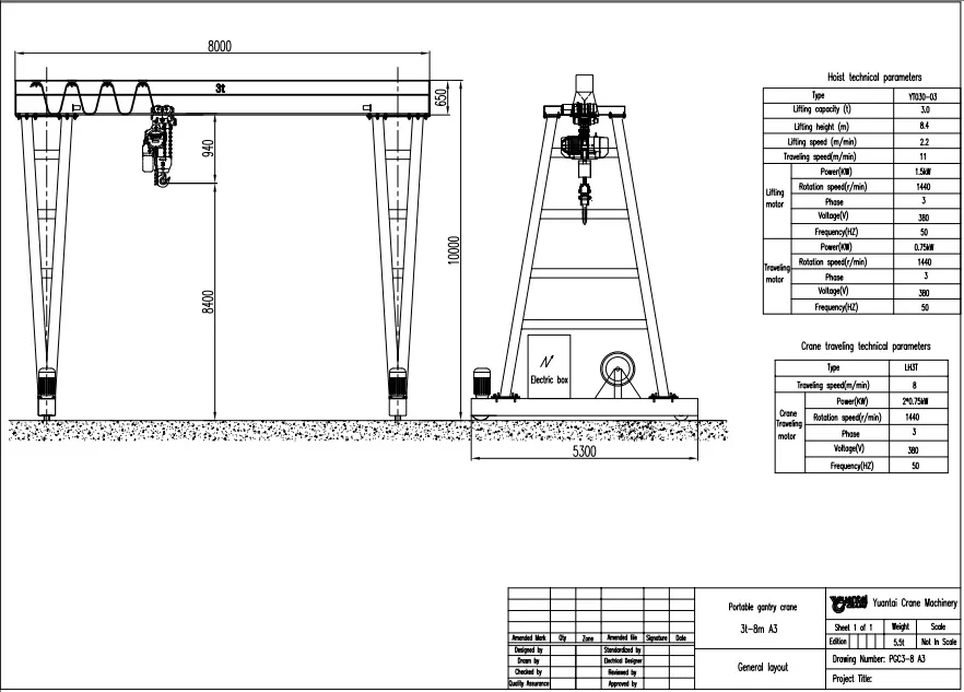 Dibujo de diseño de la grúa de pórtico móvil portátil de 3 toneladas para la venta