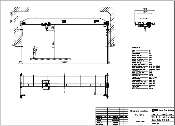 Plano de puente grúa tipo europeo de 10 toneladas