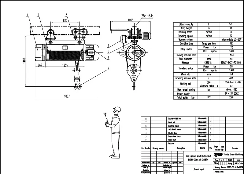 Drawing of 5 Ton 30m Explosion-proof Electric Wire Rope Hoist
