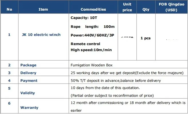 Price of 10 Ton 100m electric winch for Sale