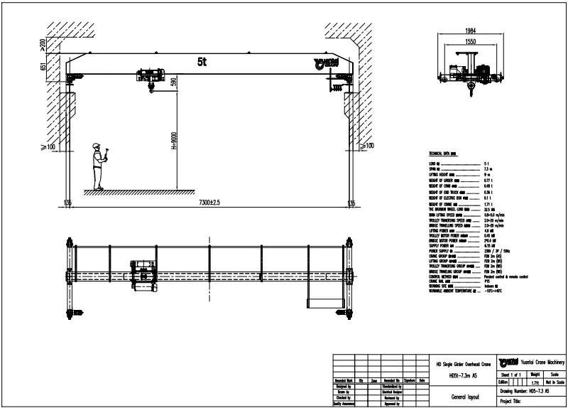 Dibujo de Diseño de Puente Grúa Monorriel de tipo Europeo de 5 Toneladas Venta a Colombia