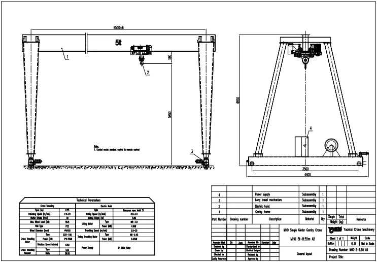 Dibujo de Diseño deGrúa Pórtico Monorriel de tipo Europeo de 5 Toneladas