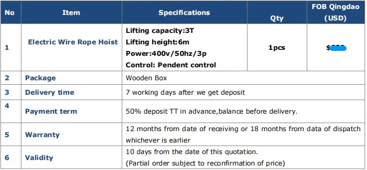 Price of 3 Ton H-6 M Electric Wire Rope Hoist For Sale to South Africa