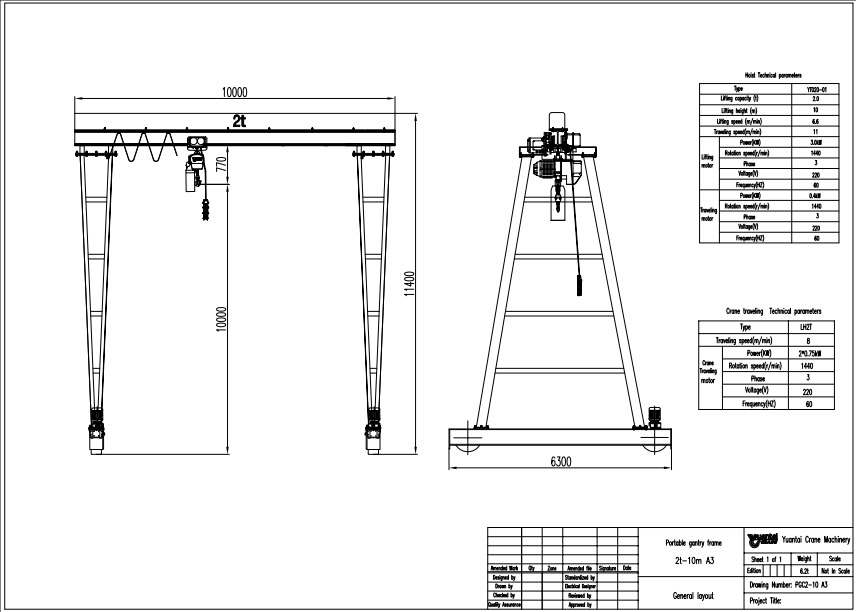 Drawing of  2 Ton Portable Mobile Gantry Crane with Electric Chain Hoist: