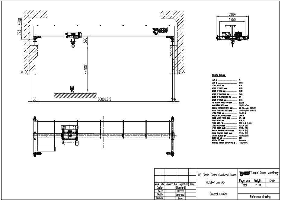 5t European-spec single girder overhead crane drawing