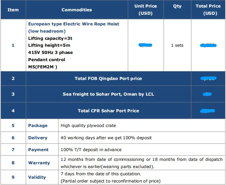 Price of 3 Ton European type Low Headroom Electric Wire Rope Hoist for Sale to Oman