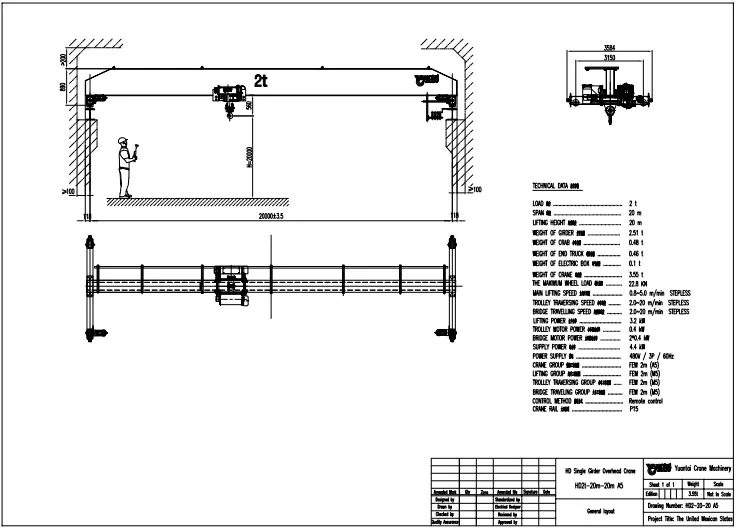 Dibujo de diseño de Grúa Viajera Monorriel de 2 toneladas