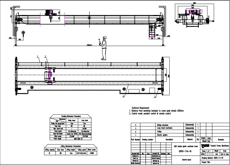 Plano de Grúa Viajera Birrail tipo Europeo de 5 Toneladas-7.4M-13M a México