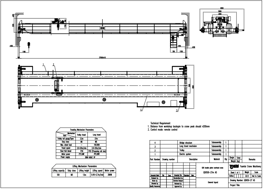 Plano de Grúa Viajera Birriel tipo Europeo de 50 Toneladas