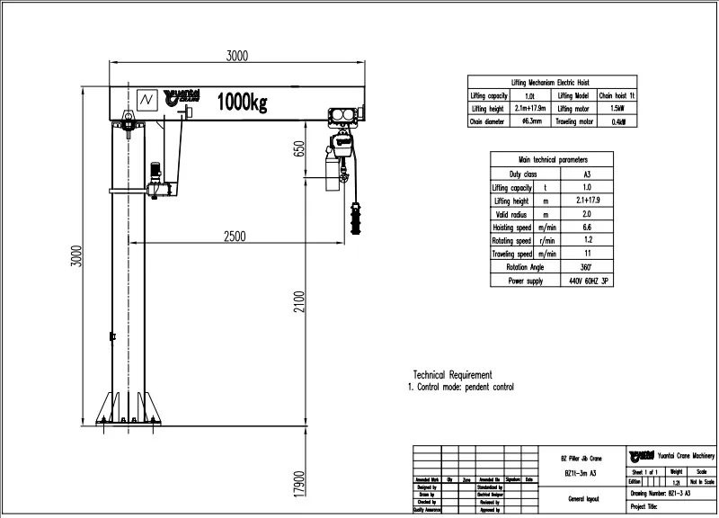 Plano de Grúa Pluma Giratoria de 1 Tonelada 3 M con Polipasto Eléctrico de Cadena Vendida a México