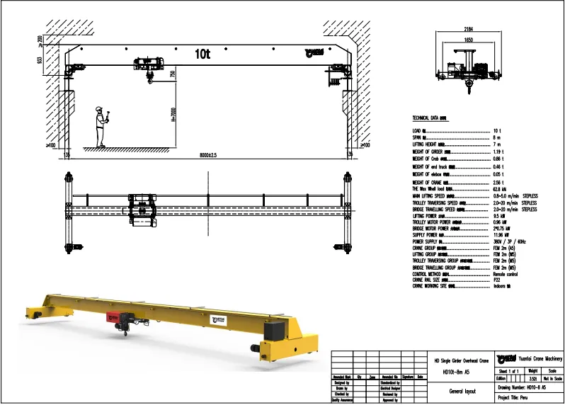 Plano de puente grúa tipo europeo de 10 toneladas