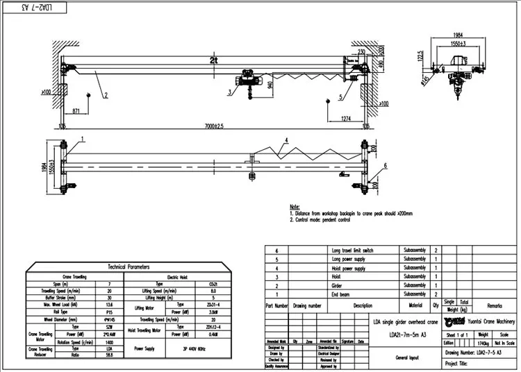 Dibujo de diseño de grúa puente monoviga de 2 toneladas