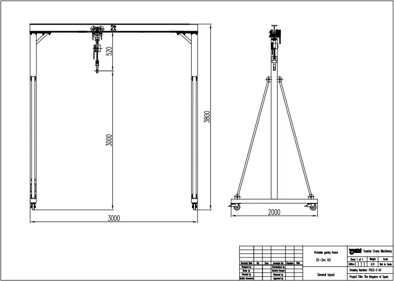 Drawing of 2 Ton Portable Gantry Crane for Sale to Spain