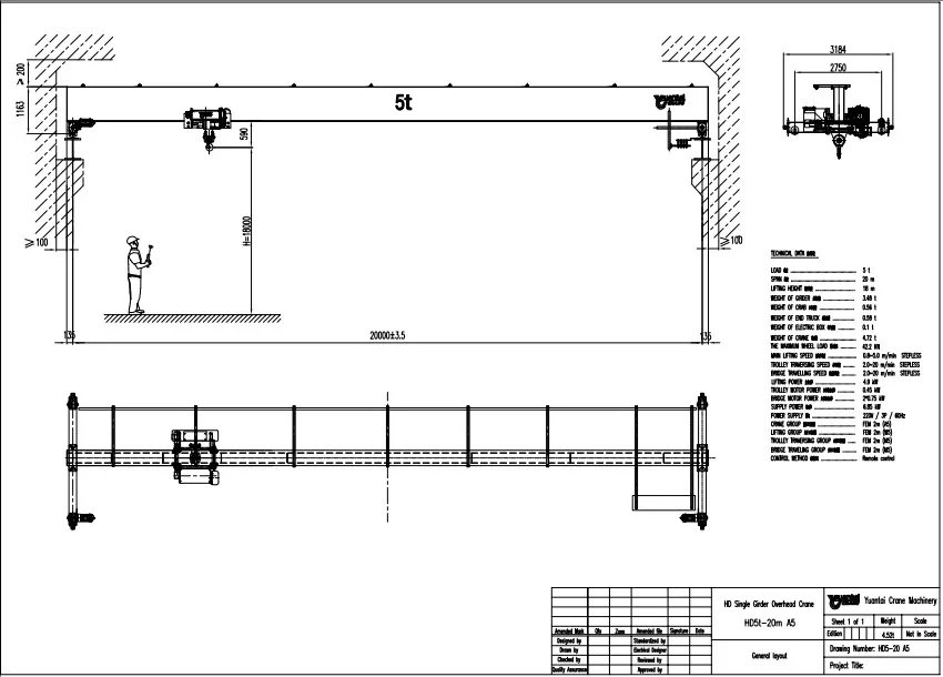 Design Drawings of 5 Ton 20m and H-18m European Type Single Girder Overhead Crane