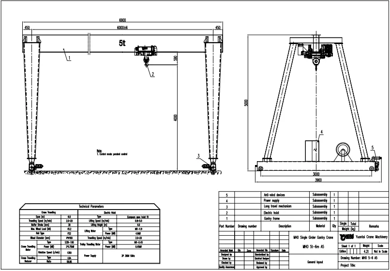 Dibujo de Diseño de Grúa Pórtico Monorriel de tipo Europeo de 5 Toneladas: