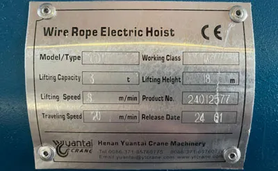 3 Ton 18m Overhead Crane without Main Girder with Electric Wire Rope Hoist for Sale to Yemen
