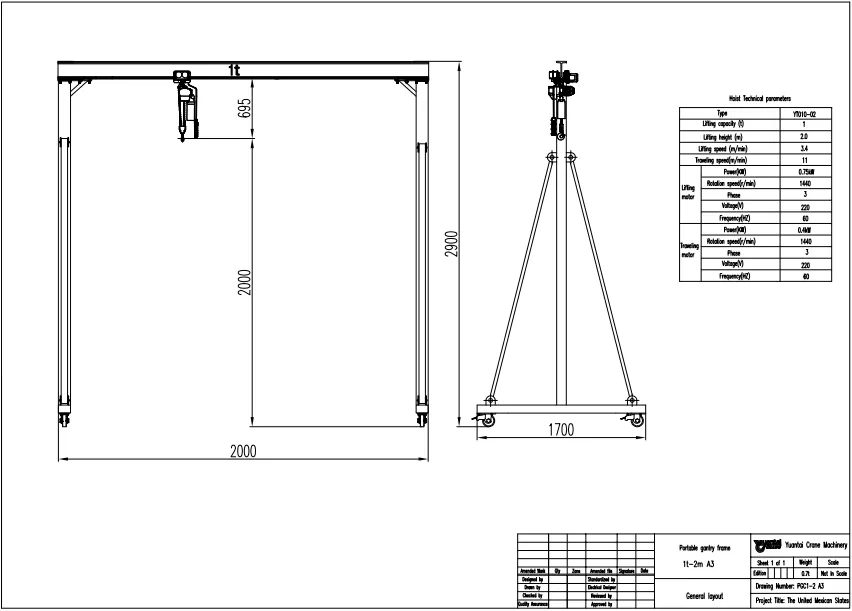 Dibujo de diseño de la grúa pórtico móvil de 1 tonelada