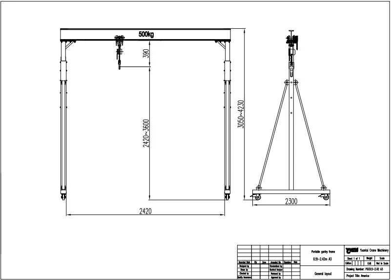 Drawing of a 0.5 Ton Portable Mobile Gantry Crane with Manual Chain Hoist
