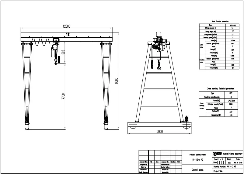 Dibujo de diseño de la grúa pórtico móvil de 1 tonelada