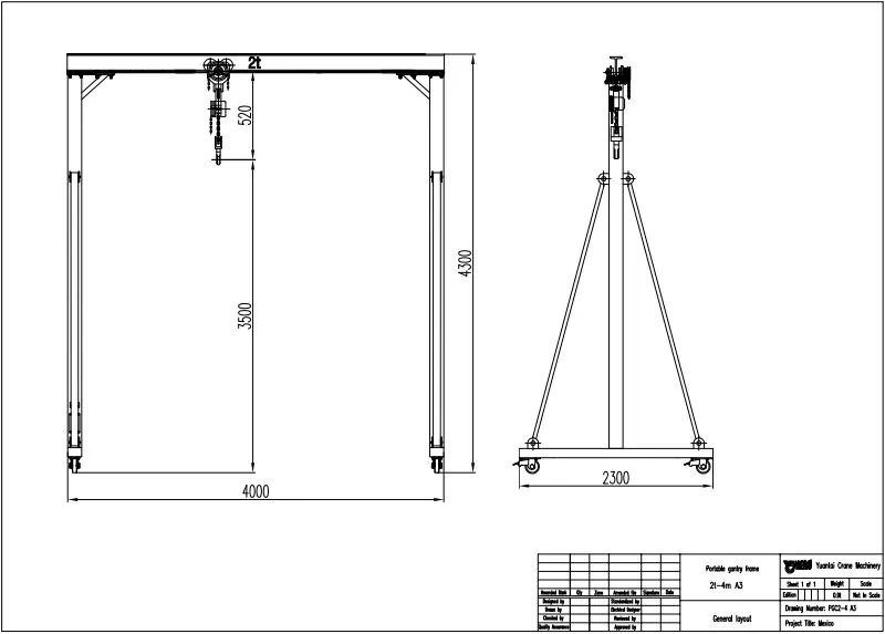 Drawing of 2 Ton Portable Gantry Crane for Sale