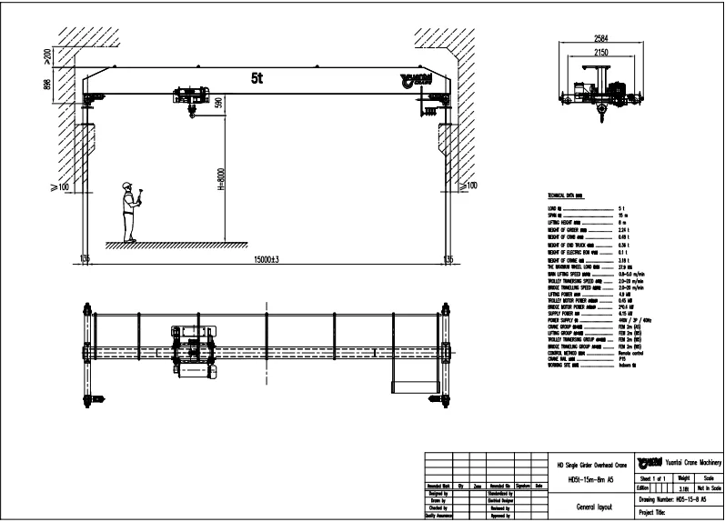 Plano de Grúa Viajera Monorriel de tipo Europeo de 5 Toneladas