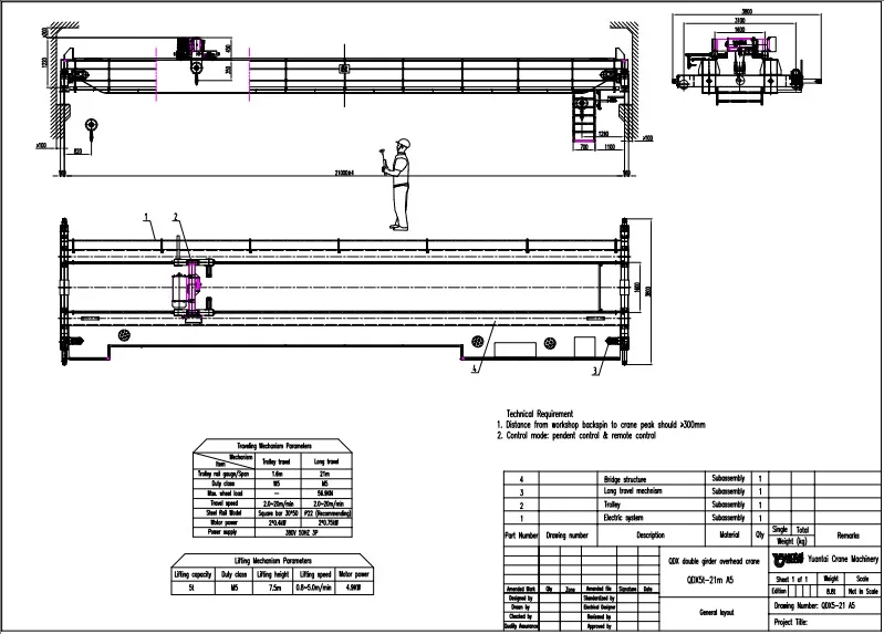 Plano de Grúa Viajera Birrail tipo Europeo de 5 Toneladas-21M-7.5M a México