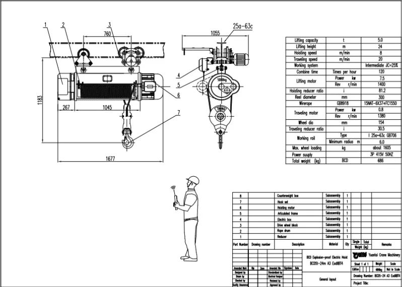 Drawing of 5 Ton 24m Explosion-proof Electric Wire Rope Hoist