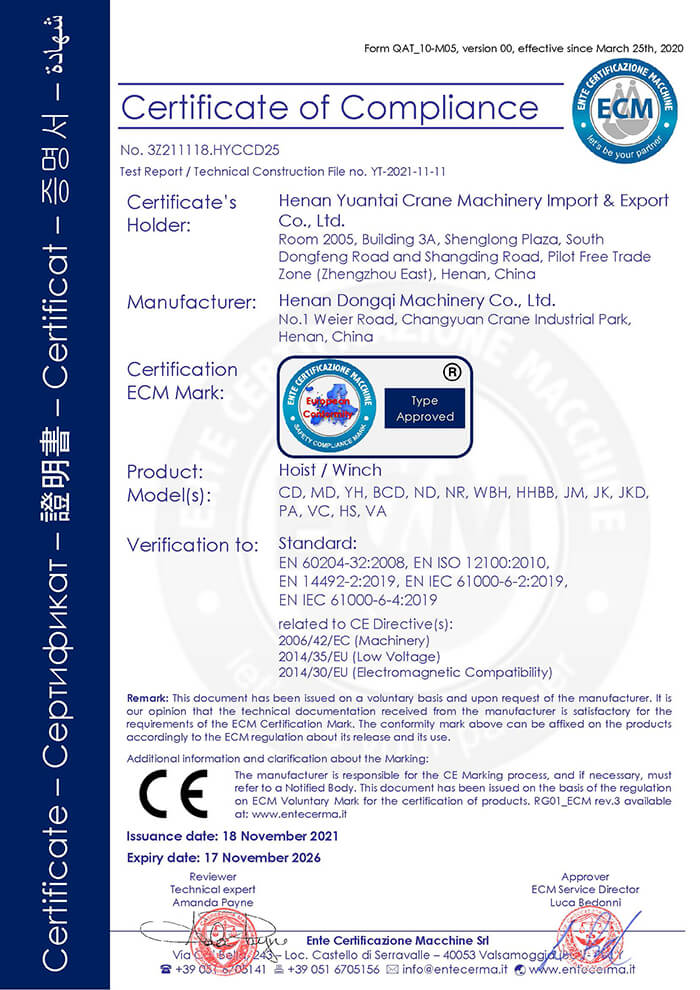 Electric Hoist Certificate