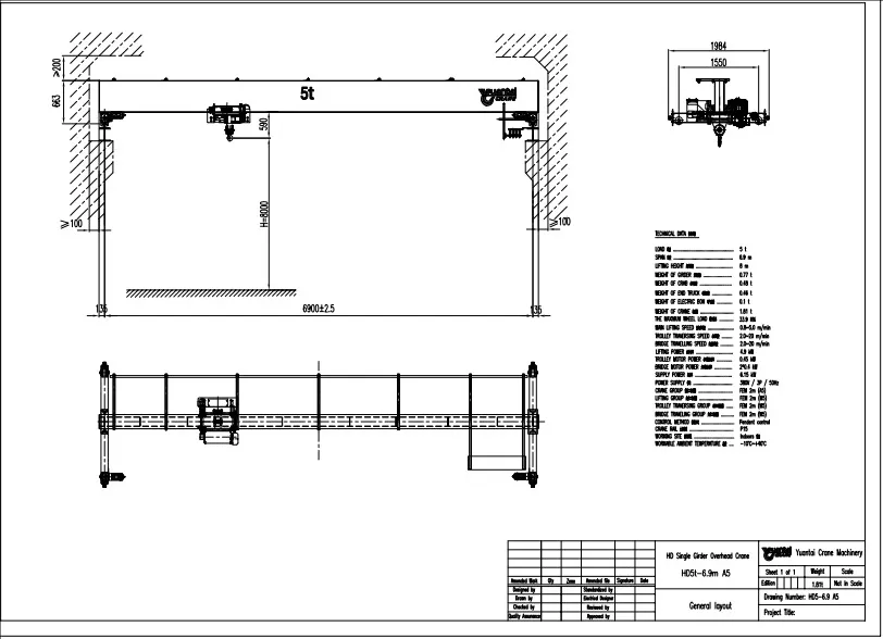 Plano de puente grúa tipo europeo de 5 toneladas